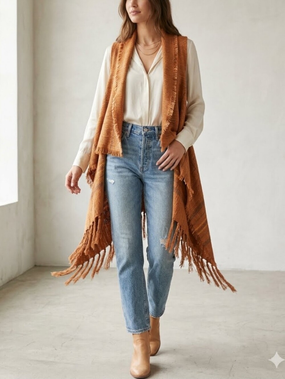 Boho Fringe Waterfall Asymmetrical Long Scarf Duster Vest Festival Hippie Fall